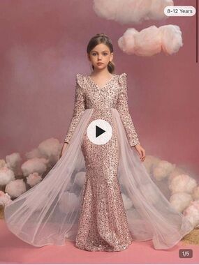 Girls' Sparkle Sequin Pink Long Sleeve Formal Dress with Tulle Train